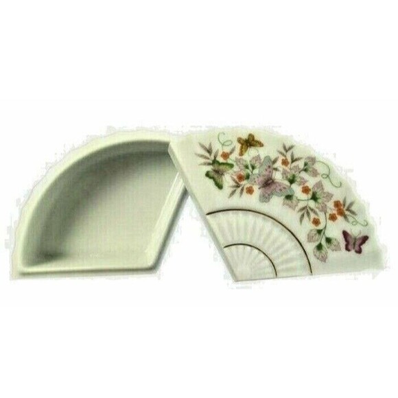 Avon Asian Fan Trinket Box Jewelry Box Storage Porcelain Floral Butterfly Gift - Picture 2 of 4